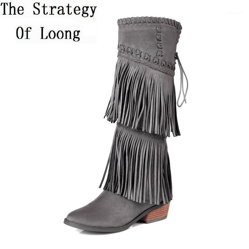 

Women Tassel Genuine Leather Winter Vintage Long Boots Lady Knee High Mid Heels Fringe Retro Plus Size Real Leather Boot 2020031, Black