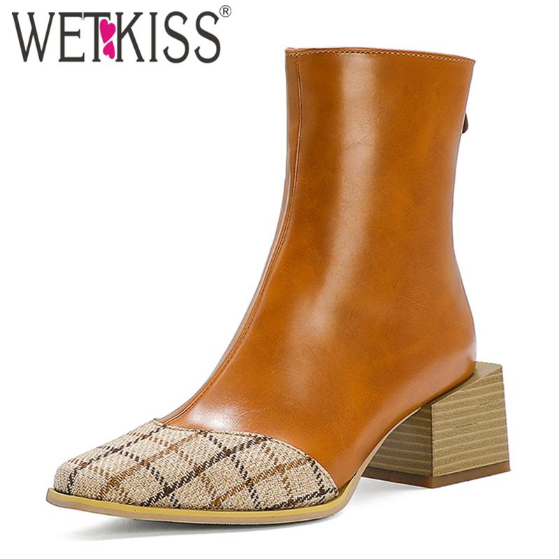 

WETKISS Square Heels Ankle Boots Woman Med Heel Short Booties Square Toe Mix Color Autumn Winter Boot Women Shoes Big Size 48, Black
