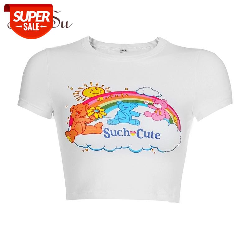 

ArtSu Rainbow Shirt Bear Printed Tshirt Women Kawaii Cute Crop Top Sexy Womens T shirt Tops White Basic Summer Shirt ASTS21052 #yV0F