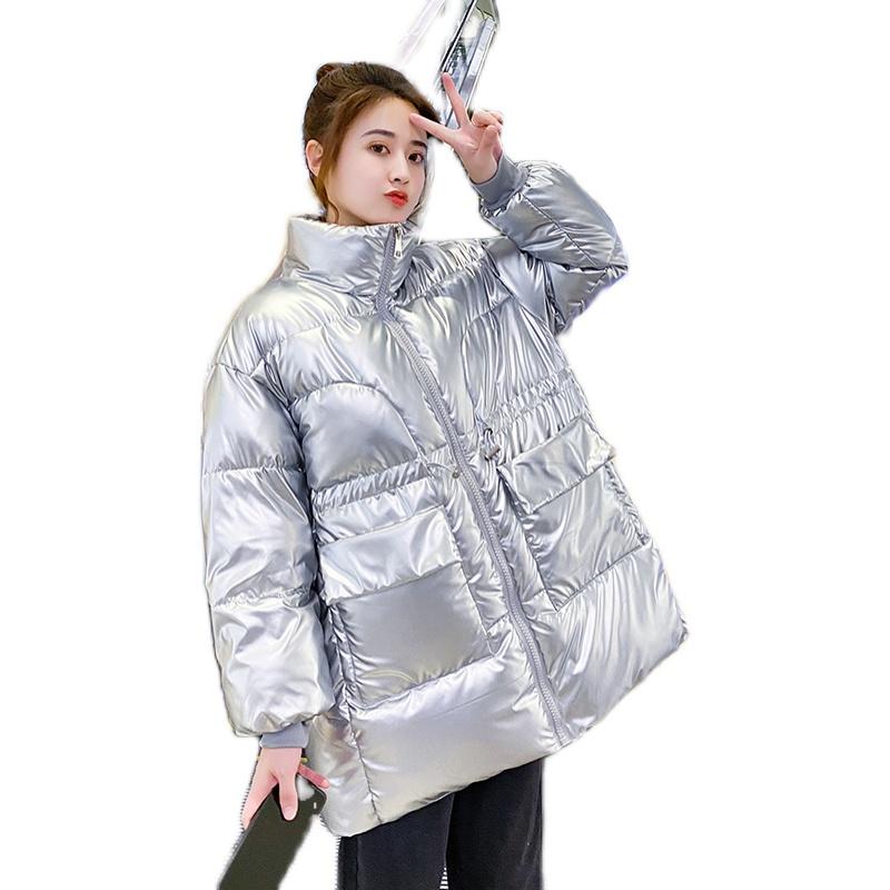 

2021 New Winter Parker Down padded Jacket Women Waterproof Shiny Candy-colored coat Women' Loose Drawstring waist Overcoat, Black