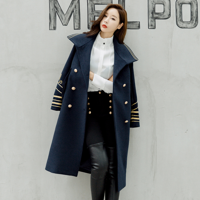 

2021 New Fall long winter double jacket breasted officelady military trench coat streetwear poncho mujer manteau femme traf 1NAF, Navy blue