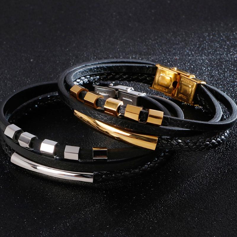 

Vintage 9.25" Three Layer Braided Leather Wrap Bracelet for Men Stainless Steel Charm Bracelets Friendship Jewelry Logo Engrave