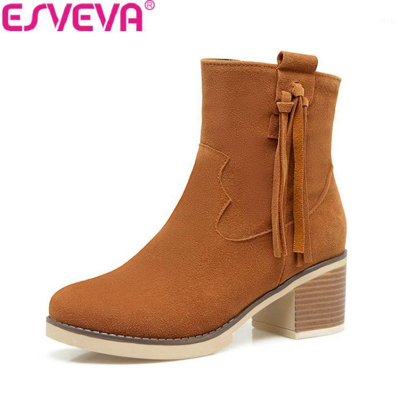 

ESVEVA 2021 Women Boots Out Door Handmade Square High Heel Suede Leather Ankle Boots Synthetic Round Toe Ladies Size 34-431, Black