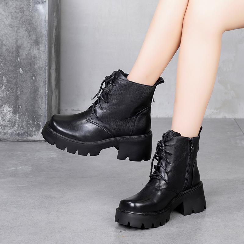 

YourSeason Genuine Leather Round Toe Women Shoes Zip New 2021 Handmade Concise Lace Up Platform Winter Ankle Ladies Boots, Black
