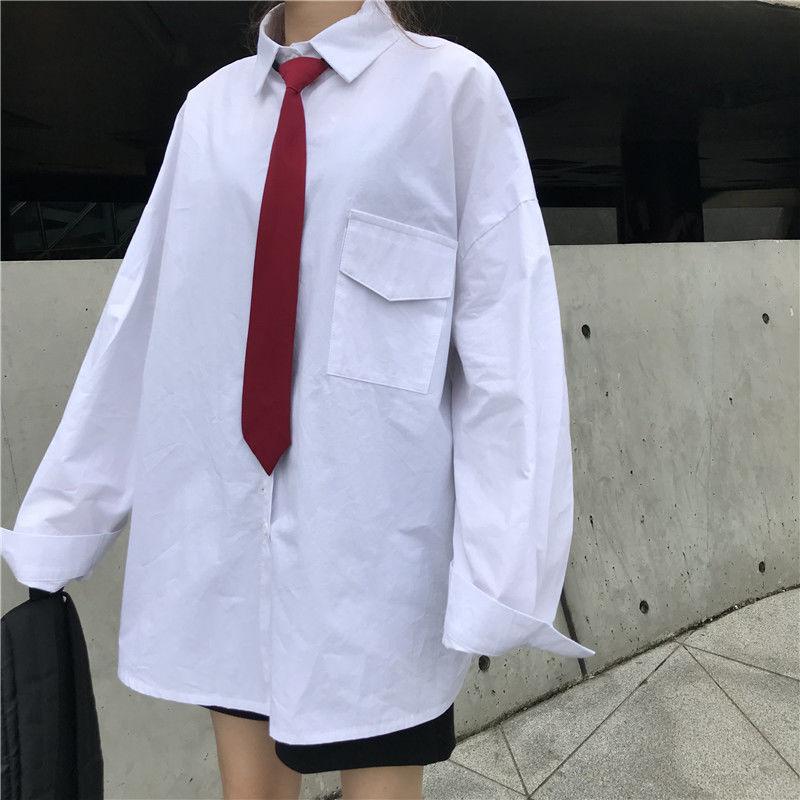 

Vintage Women Blouse Loose White Shirt Women Long Sleeve Boyfriends Long Blouse Mujer With Tie Casual Turn-down Collar, Navy blue with tie