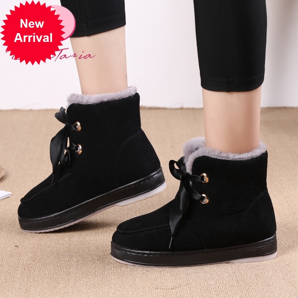 

2021 The New Size 37-44 Winter Snow Thick Ankle Shoelace Flat with Boots Women's Warm Skin Shoes, Camel