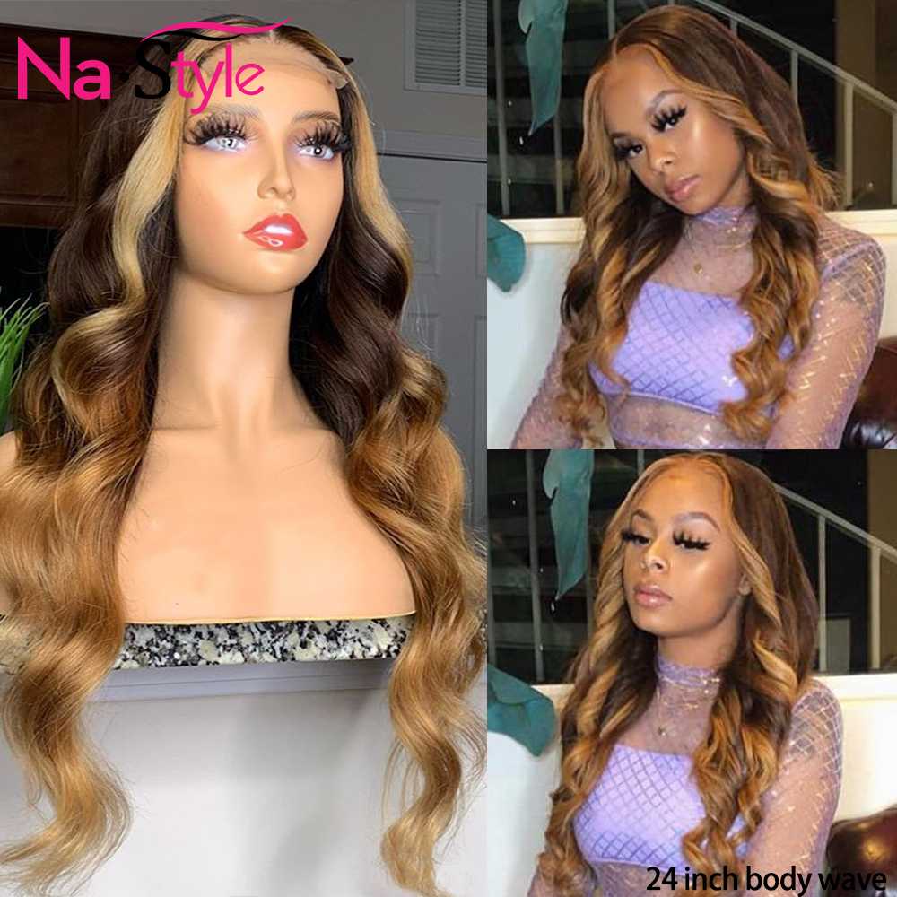 

colored body wave lace front wig ombre human hair wigs for black women natural hairline highlight Wig pre plucked 150 remy, As pic