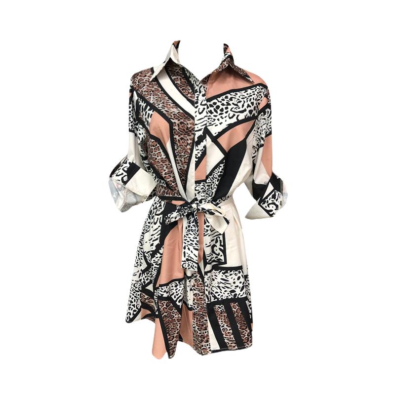 

New Hot Sale Fashion Women Animal Printed Shirts Dress, Tie Waist Roll up Sleeve Buttons Down Pleated Dress Autumn Wholesale