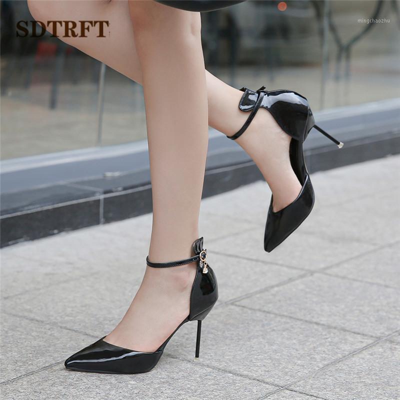 

SDTRFT Summer Pumps Buckle shoes woman 10cm Thin high heels zapatos mujer sexy Stiletto Pointed Toe Patent Leather Sandals1, Black