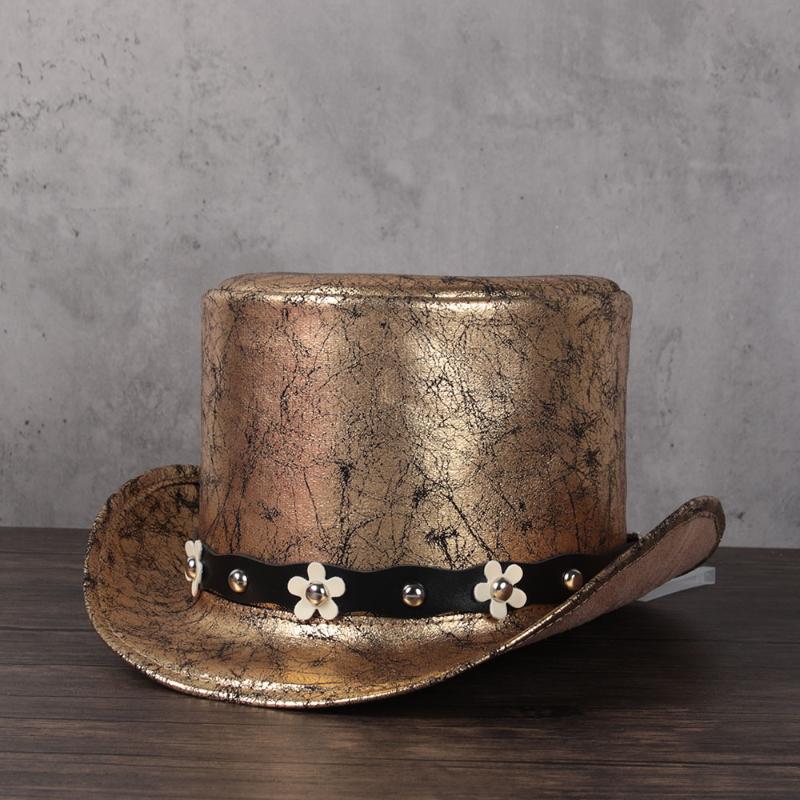 

2021 3 Size Women Leather Top Hat Shower Lday Fedora Hat Magic Flat Steampunk Cosplay Pork Pie Party Caps Dropshiping 13cm, Gold