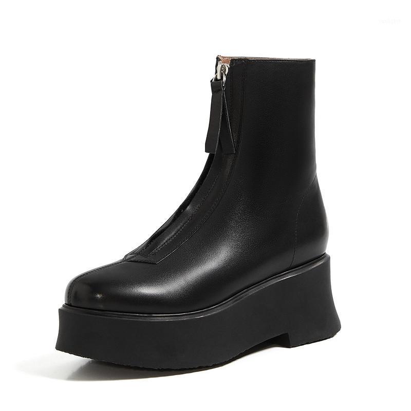 

2020 New Cowhide Waterproof Platform Goth Boots Front Zip Flat Platform Ankle Boots Round Toe Women Shoes Handsome Rider1, Black