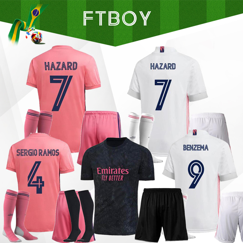 

kids KIT 20 21 Real Madrid jersey HAZARD SERGIO RAMOS BENZEMA soccer Camiseta de futbol 20 21 VINICIUS JR ISCO football shirt uniforms, Kids away