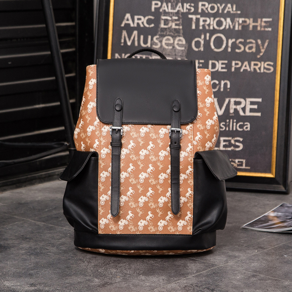 

Wholesale men leathers shoulder bags popular printing camouflage backpacks college wind contrast color leather student bag vertical leisure travel backpack, Blue-4945