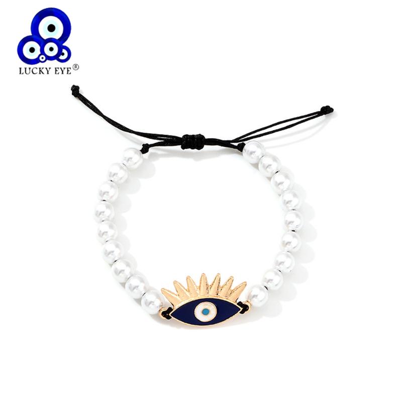 

Lucky Eye Pearl Beads Turkish Evil Eye Charm Bracelet Braided Black Rope Adjustable Bracelet for Women Girls Men Jewelry LE732
