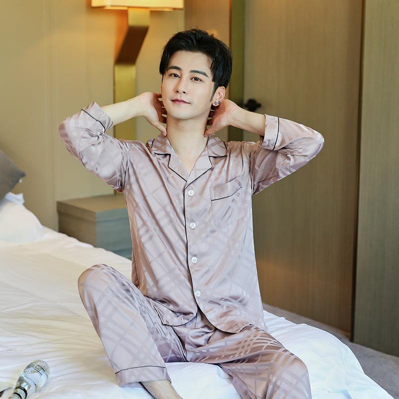 

Satin Men Sleepwear 2PCS Sleep Set Casual Nightwear Shirt&Pants Silky Home Clothes Intimate Lingerie Soft Pajamas Suit Homewear, Blue