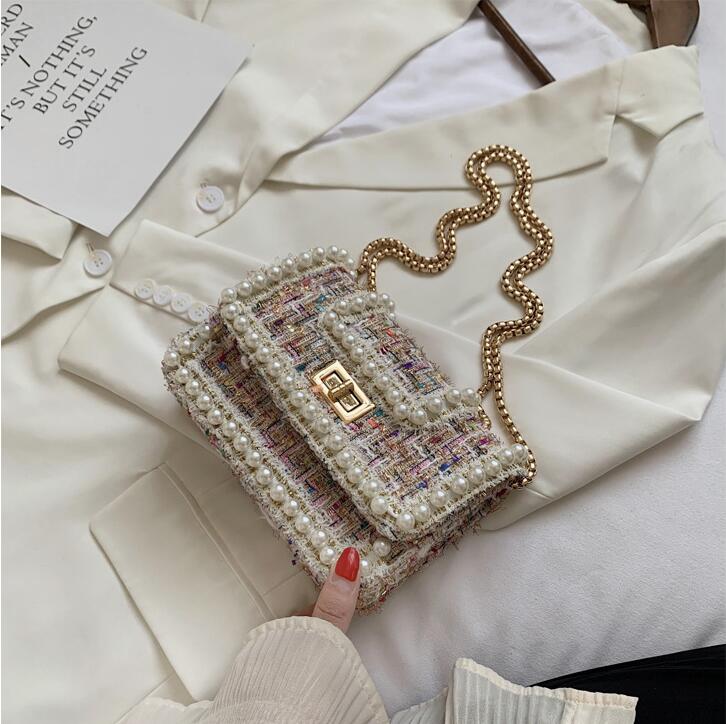 

Factory wholesale women handbag winter new colorful woolen chain bag sweet and lovely Pearl edging women clutch bag leather fashion bag, Black;red