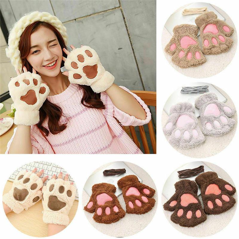 

Cartoon Bear Lovely Gloves New Women Bear Cat Claw Mitten Plush Glove Costume Warm Winter Half Finger