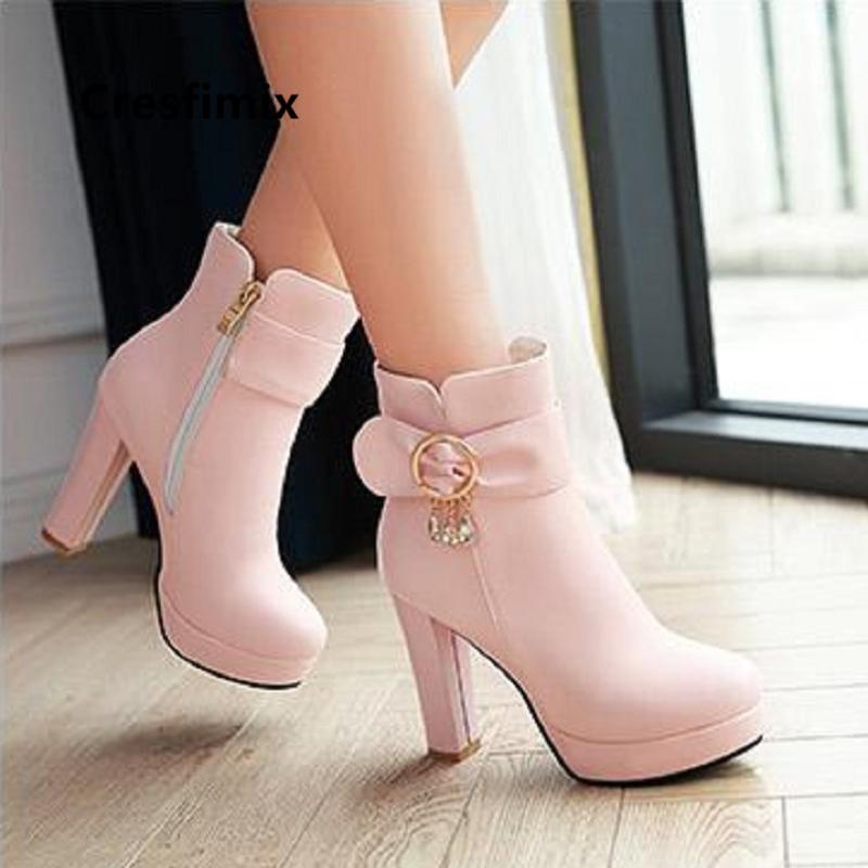 

Cresfimix Women Fashion Pink Pu Leather High Heel Boots with Side Zippers Ladies Classic Autumn Winter Boots Damskie Buty B6037