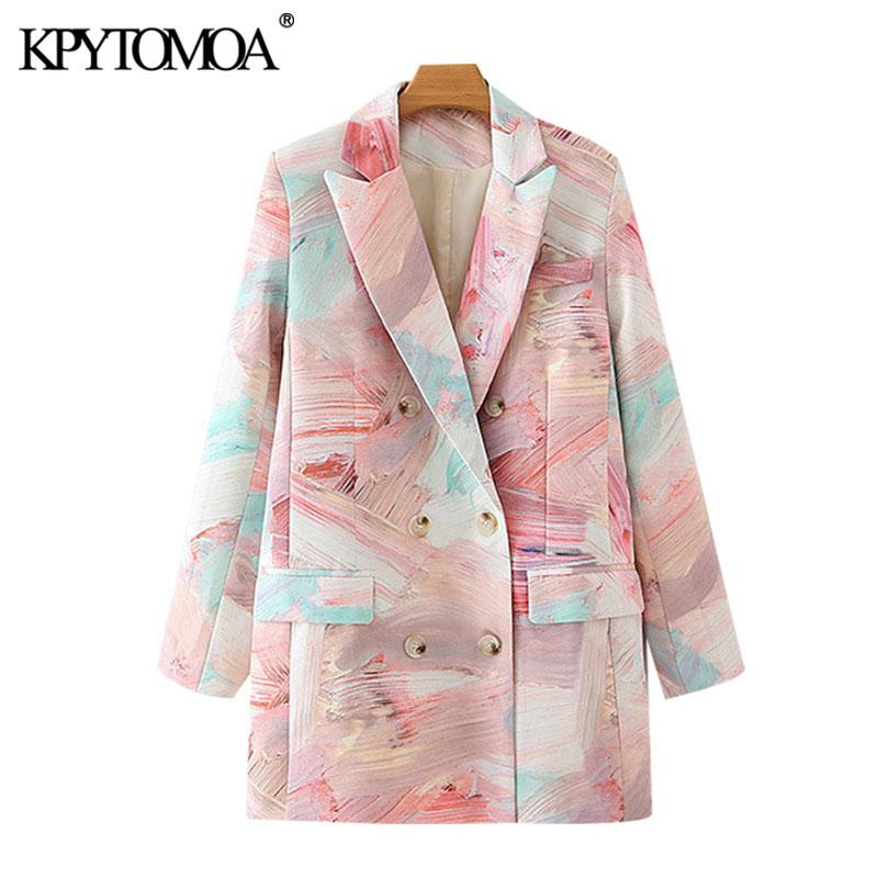 

KPYTOMOA Women 2021 Fashion Double Breasted Graffiti Print Blazers Coat Vintage Long Sleeve Pockets Female Outerwear Chic Tops, As picture