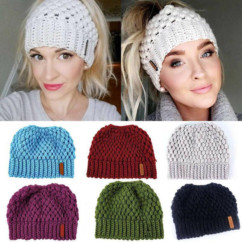 

Girls Stretch Knit Crochet Cap Winter Hats For Women Messy High Bun Ponytai Beanie Warm Hole Skull Caps Femme Hot Sales, As the picture