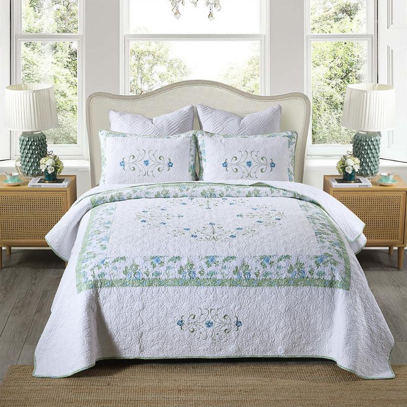 

CHAUSUB Solid Quilt Sets 3PCS Cotton Bedspreads Embroidered Bed Cover With 2*Pillowcase Queen Size Coverlet1, White