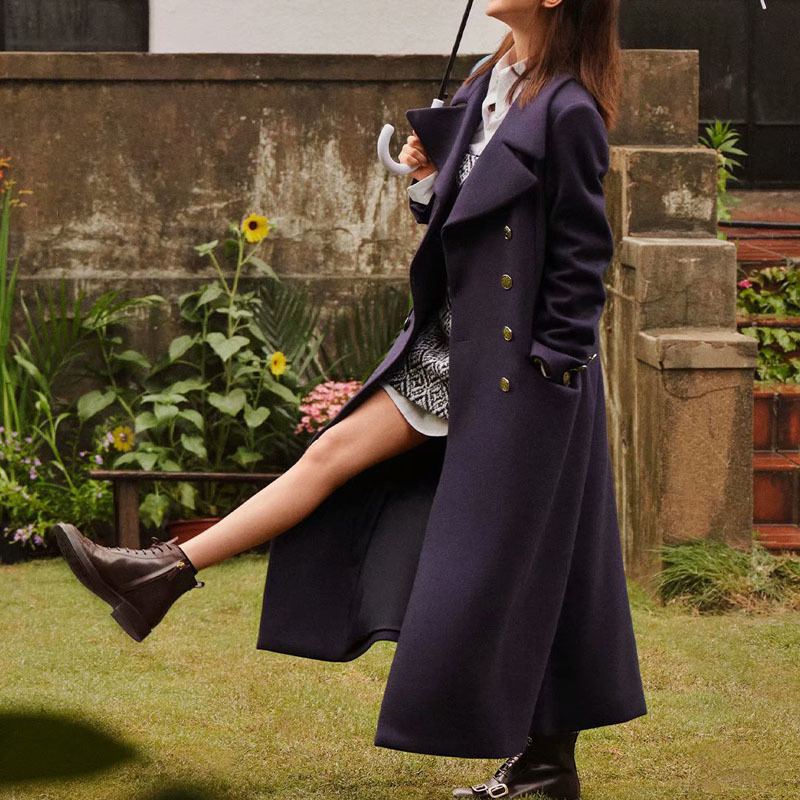 

New Autumn Style with Double-breasted V-cleavage Sleeve Pockets Temper Loose Coat Long Women's High Quality Clothing 7mvk, Navy blue.