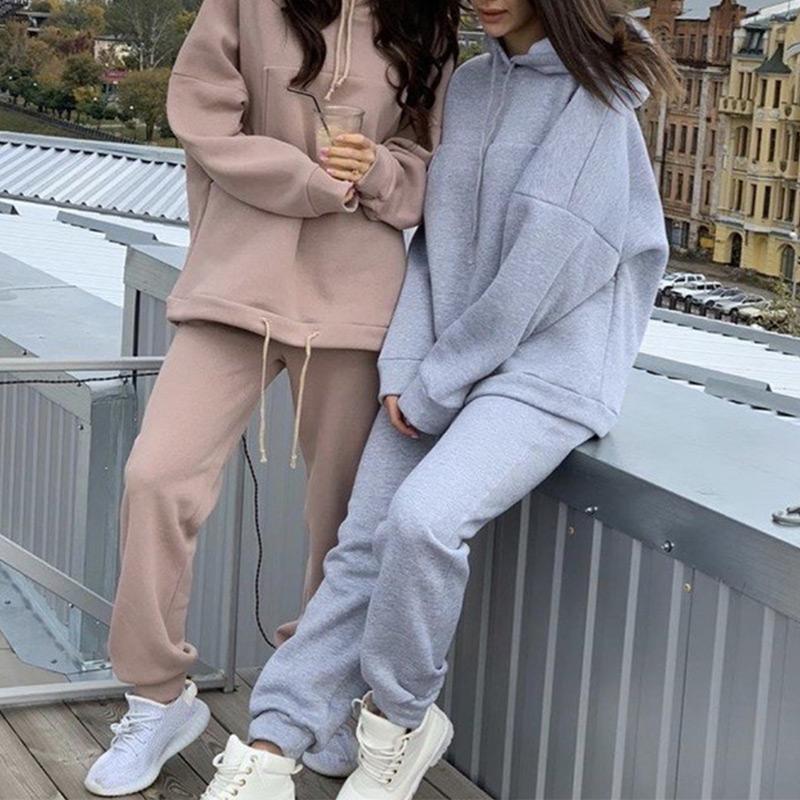

Autumn Fleece Sports Pockets Women' Suits Long Sleeve Drawstring Female Hoodies Sweatpants Suit Casual Tracksuit Running Sets, Black