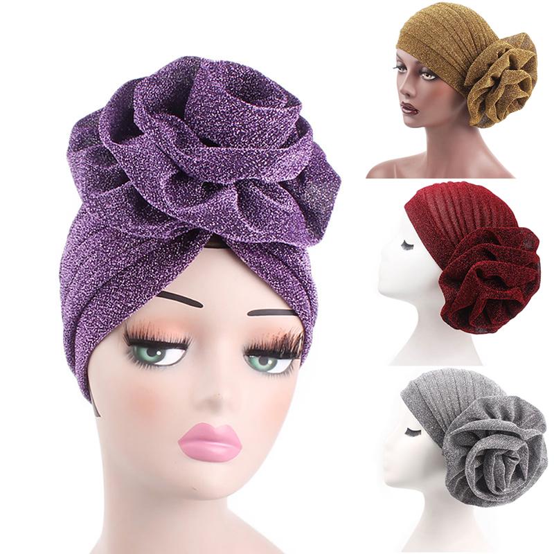 

1PC Elegant Big Flower Glitter Turban Hat Muslim Cap Women Head Wrap Headwear, Purple
