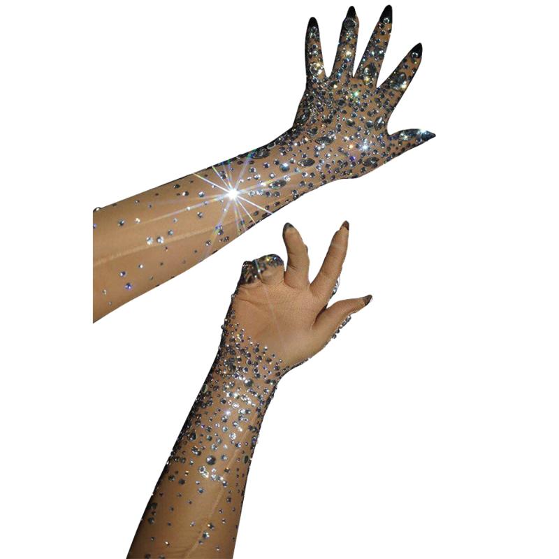 

Luxurious Stretch Rhinestones Gloves Women Sparkly Crystal Mesh Long Gloves Dancer Singer Nightclub Dance Stage Show Accessories