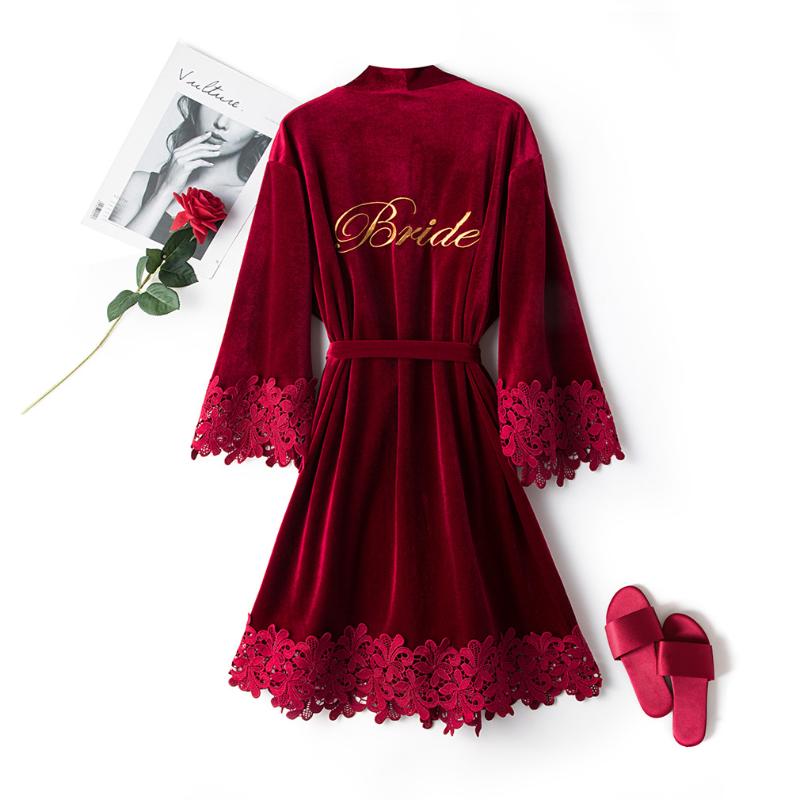 

2020 Autumn New Burgundy Bride Bridesmaid Wedding Robe Dressing Bathrobe Gown Lace Trim Sleepwear Lounge Women Homewear, Gray 3