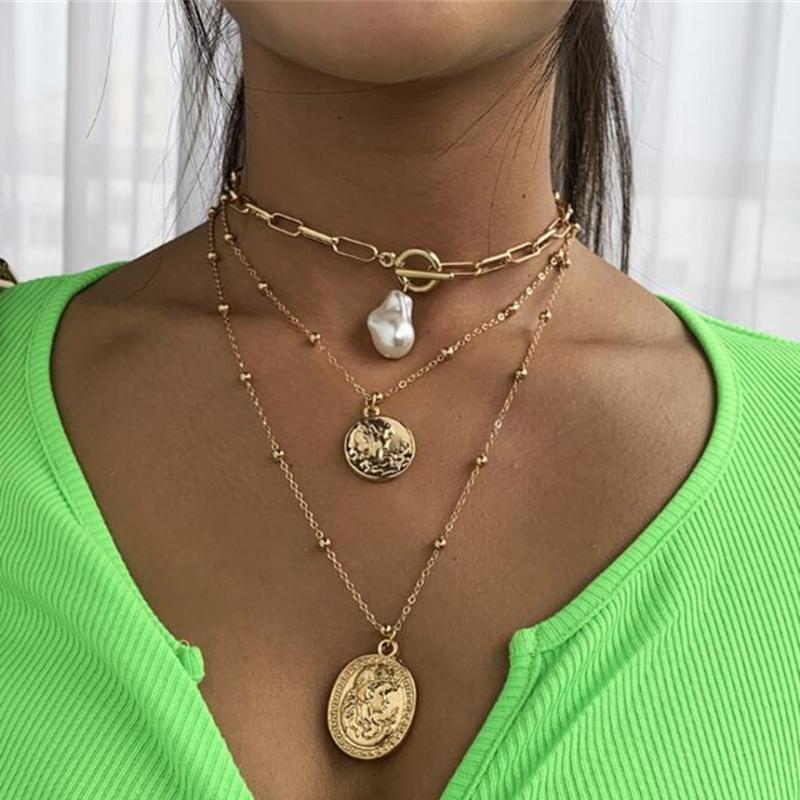 

DIEZI Vinatge Baroque Pearl Necklace Beach 2020 Multilayer Chain Coin Pendant Statement Necklace For Women Collier Femme Jewelry