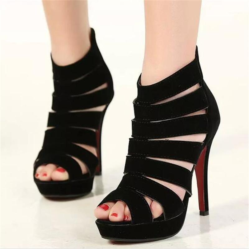 

Summer Women Sandals Narrow Band Vintage 12CM Thin High heel Flock Slip On Classics fashion Dress Party Wedding women shoes1, Black