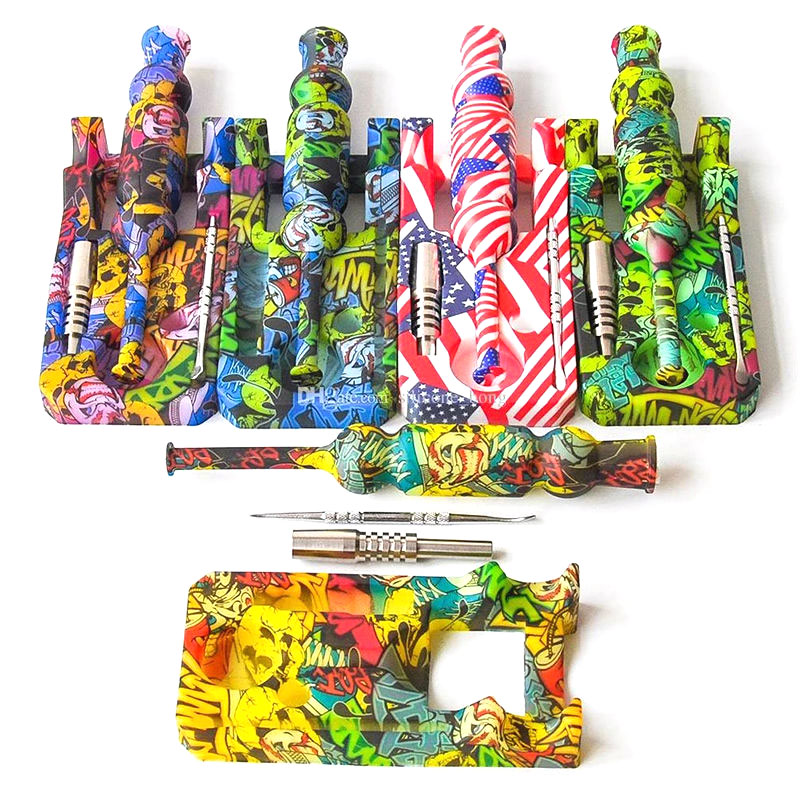 

Printing Nector Collector Kits with 14mm Titanium Nail oil straw Tip Wholesale smoking silicone dai rig Hookahs