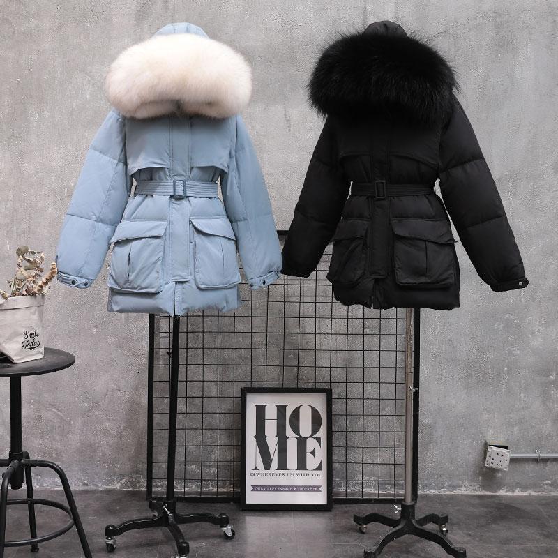 

Women' Down & Parkas 2021 Winter Jacket Female Short Duck Feather Puffer Coat Large Natural Raccoon Fur Hooded, Green with white hat