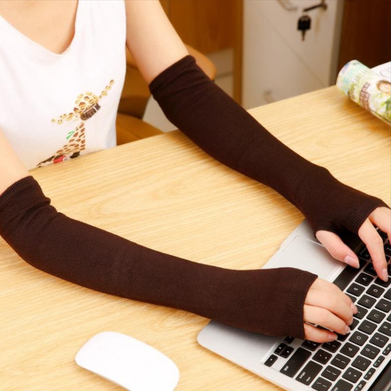 

Korean Cotton Polyester Solid Color Half Finger Knitted Gloves Men Women Cute Autumn Winter Long Arm Sleeves Fingerless