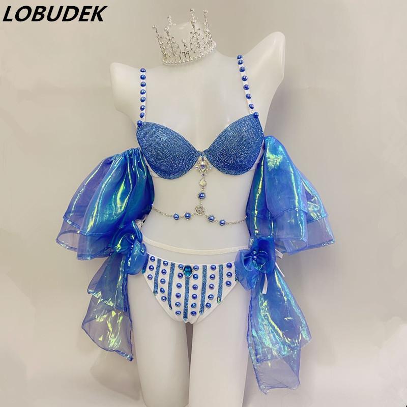 

Bar Nightclub Party Show Dance Costume Blue Rhinestones Beads Bikini Set DJ Singer Dancer Sexy Stage Wear Bra Performance Outfit