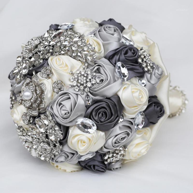 

20cm Handmade Wedding Elegant Bridal Bouquet Silver Diamonds Mariage Bouquets Bridesmaid Holding Ivory Stain Rose Flowers W3751, Silver gray ivory