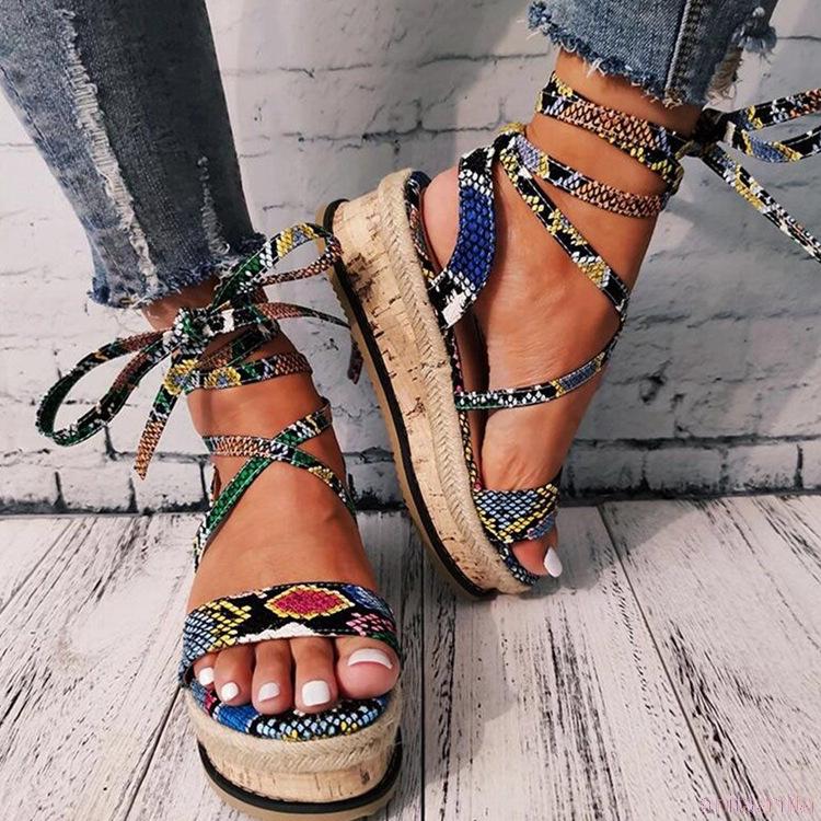 

2020 Fashion Women Sandals thick-heeled Summer Bandage Women's Shoes Open Toe Boho Color Snake Pattern Plus Size 35-43