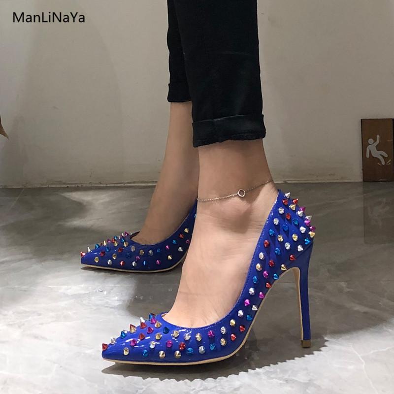 

Manlinaya Luxury Design Mixed Colors Rivet Women Pumps Super High Heel Pointed Toe Spikes Women Shoes Runway Studs High Heels, As picture