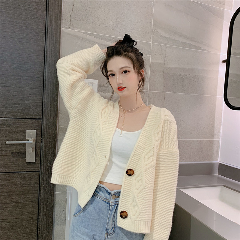 

2021 Korean Women's Clothes Cardigan Torsion New Fall Loose with Vintage Short Sleeve Long Jumpers SNMW, Fuchsia