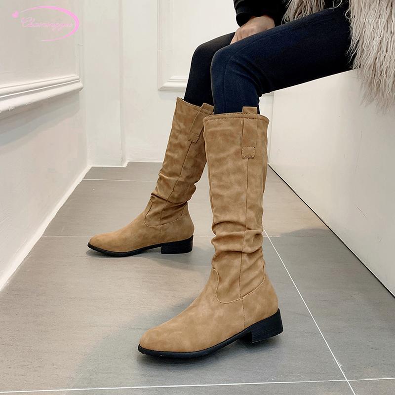 

Comfortable casual riding boots nubuck round toe knee high boots fashion pleated yellow khaki medium heel chunky women's shoes1
