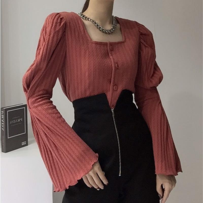 

Women's Knits & Tees Retro Fashion Jumpers Solid Pleated Square Flare Sleeve Cardigan Thin Top Wild Slim Full Sweater Knitted Pull Bottom Sh, White