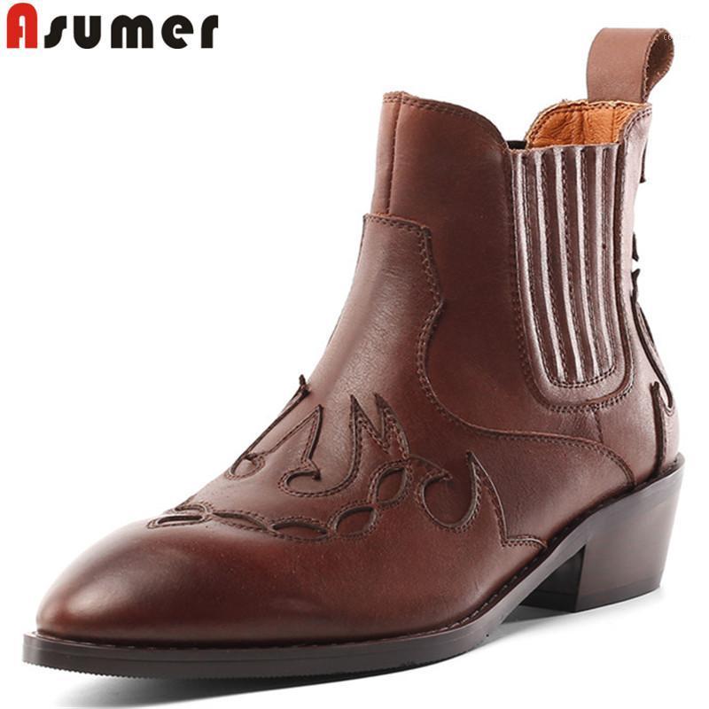 

ASUMER 2020 new ankle boots for women round toe slip on genuine leather shoes square heels shoes women autumn winter boots1, Black