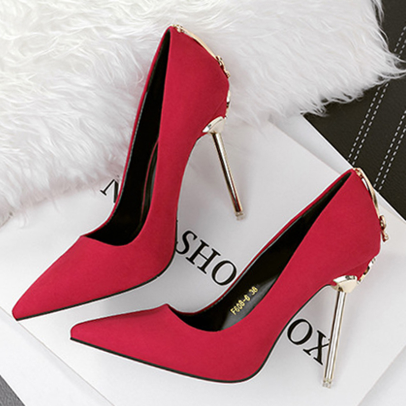 

2020 Woman Extreme 10cm High Heel Pumps Female Flock Velvet Pointed Toe Fetish Metal Heels Lady Footwear Scarpins Green Shoes, Heel height 10cm
