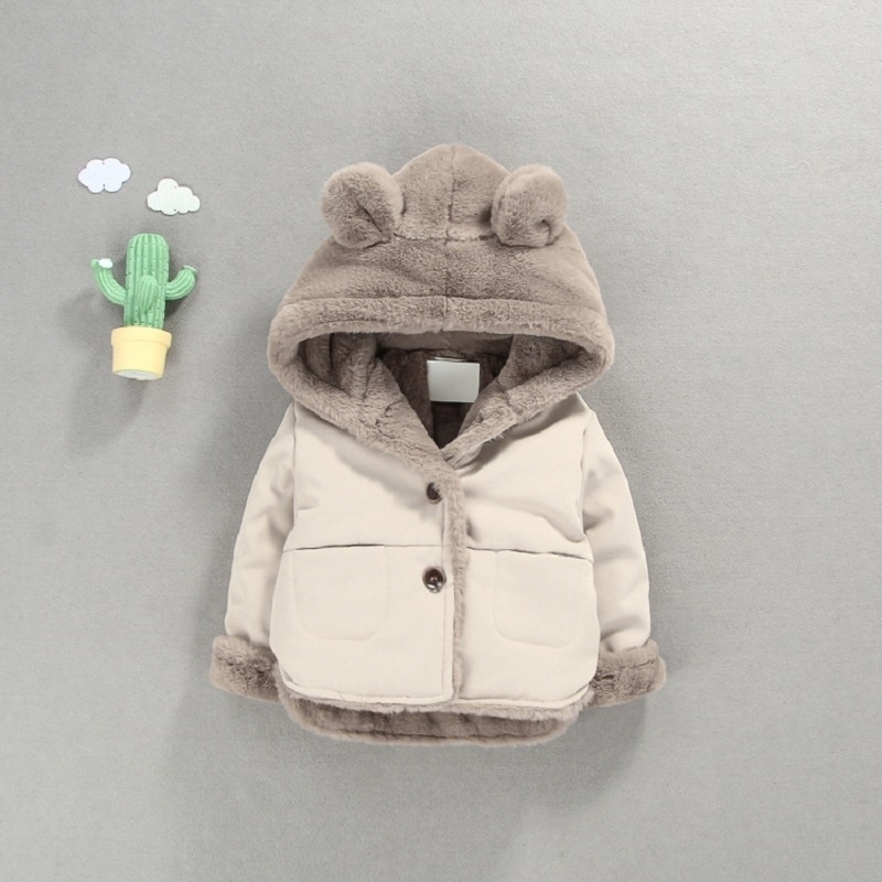 

OLEKID Autumn Winter Baby Fleece Jacket Cartoon Hooded Plus Velvet Infant Boys Coat Newborn Baby Girls Outerwear Toddler Parka LJ201007, Gray
