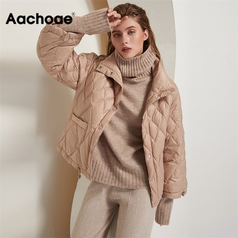 

Aachoae Casual Solid Women 90% White Duck Down Jacket Batwing Sleeve Loose Pocket Coat Stand Collar Warm Outwear Ropa Mujer 200923, Black