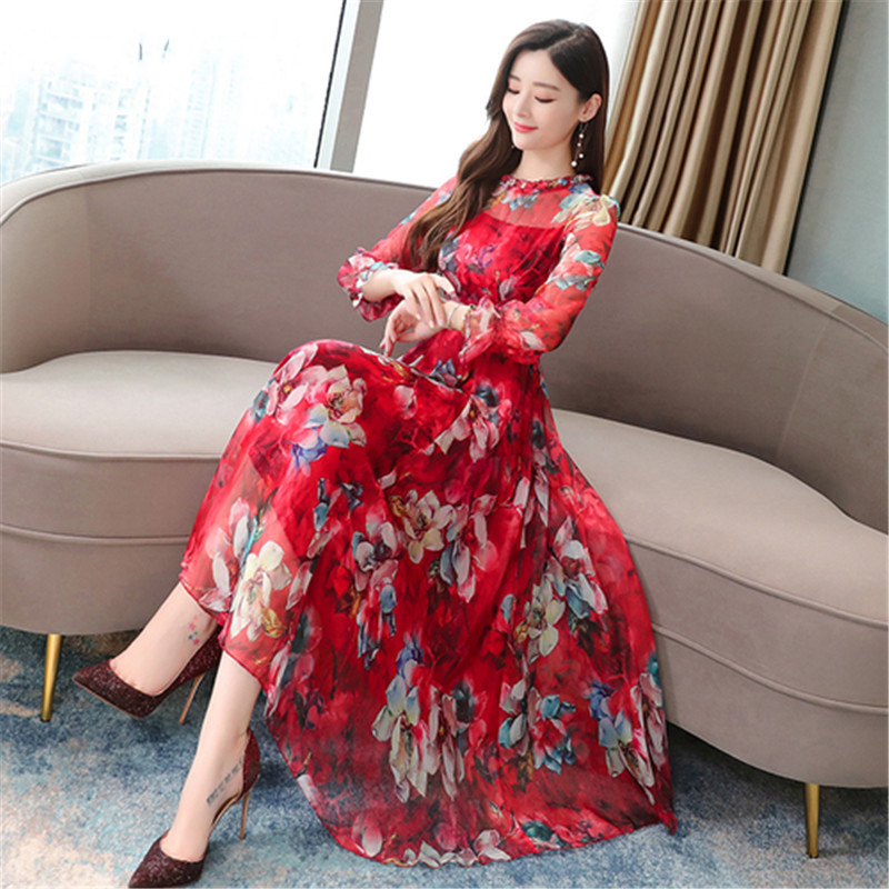 

2021 Chiffon Flower Dress Korean Version of Autumn New The-neck Fashion Sexy Sleeve Section Long VM3U, Purple