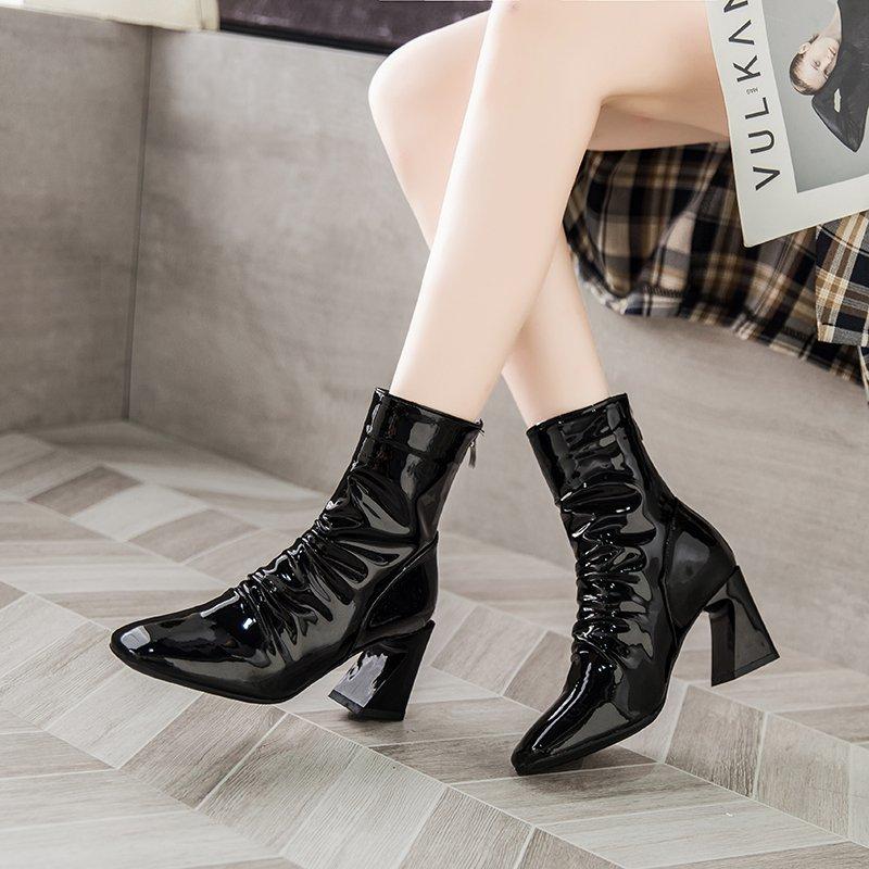 

New Winter Quality Natural Wrinkle Ankle Boots Women Square Toe High Heels Boots Back Zipper Shoes Woman Botas Mujer, Daark blue