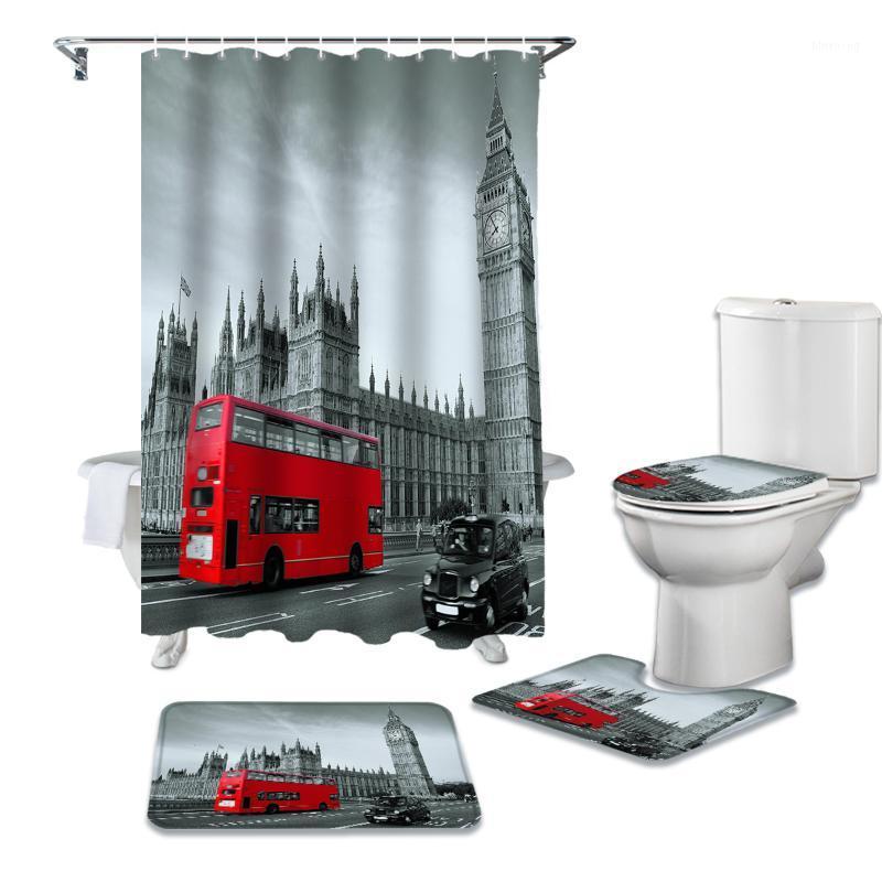 

London Bus Bell Tower Shower Curtain Sets Non-Slip Rugs Toilet Lid Cover and Bath Mat Waterproof Bathroom Curtains1