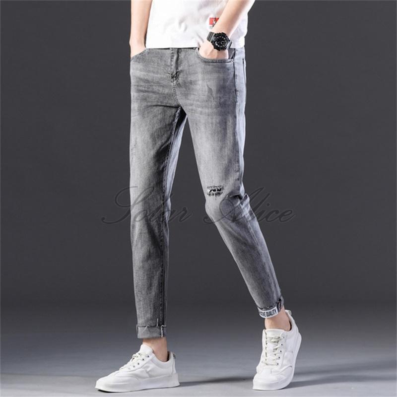 

Free shipping 2020 men's new summer ankle length jeans ripped thin slim fit stretch pencil casual pants, Black gray